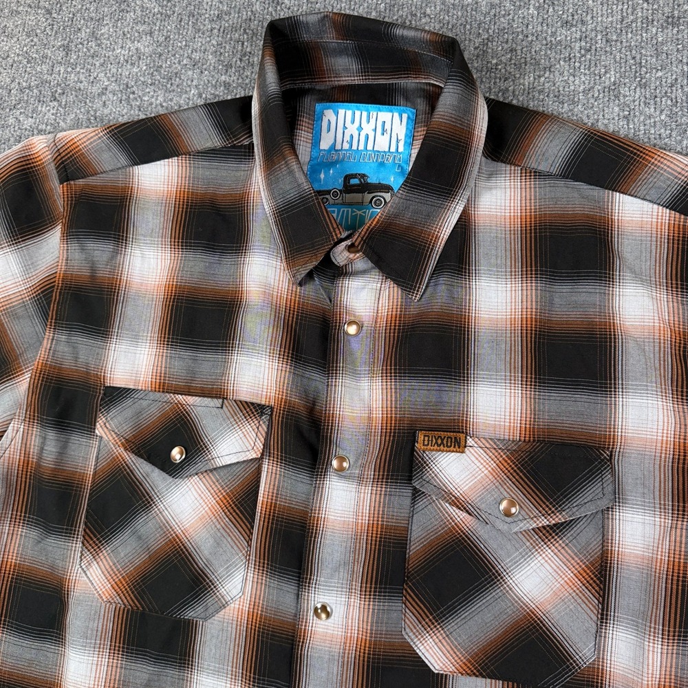 Dixxon Flannel Co Shirt Mens L Brown Gray Patina Short Sleeve Pearl Snap Bamboo